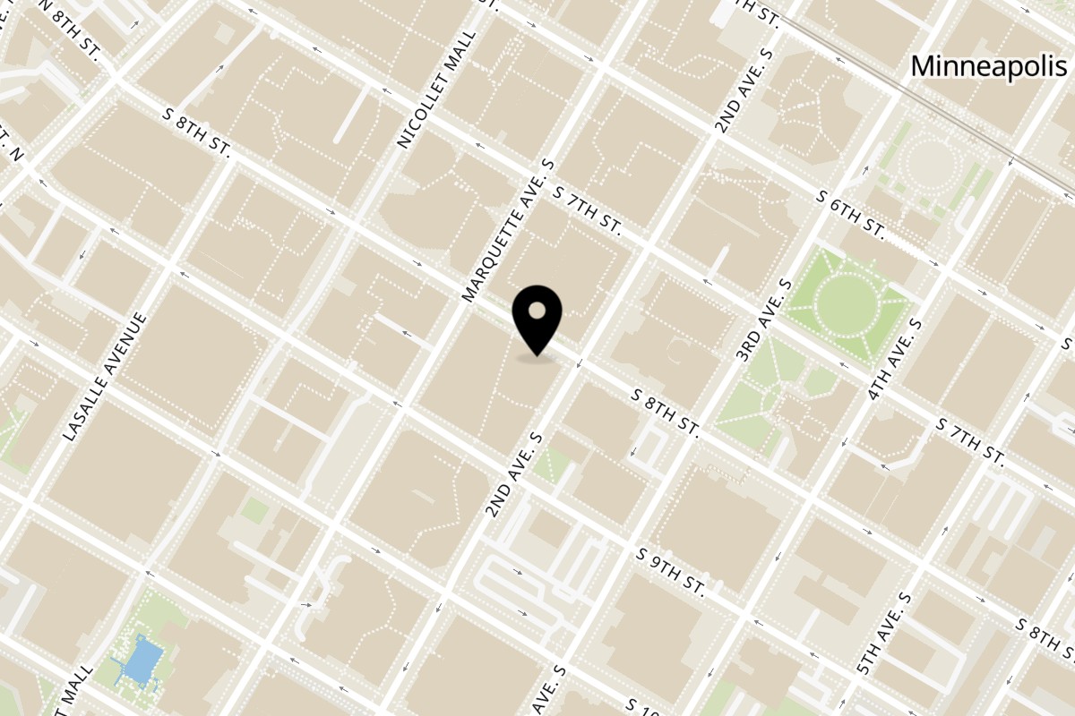 Map showing the location of Ginellis Pizza on 121 S 8th St in Minneapolis